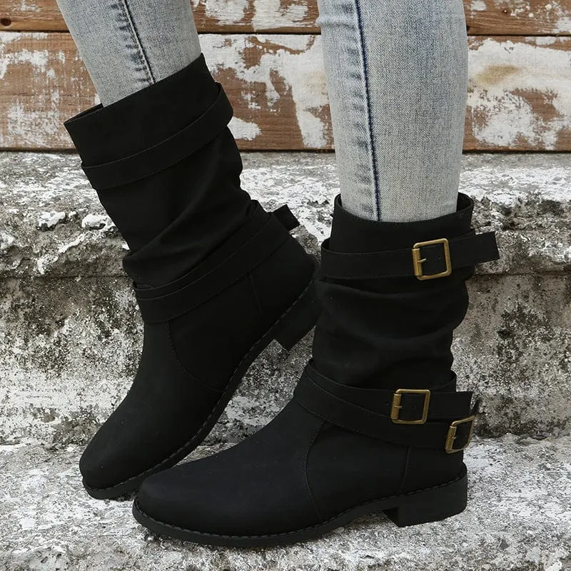 Women's Solid Color Chunky Heel Cowboy Boots