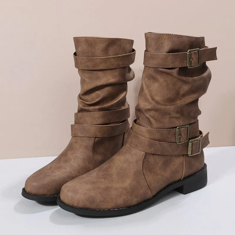 Women's Solid Color Chunky Heel Cowboy Boots