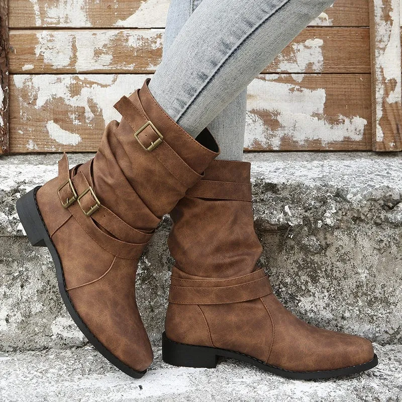 Women's Solid Color Chunky Heel Cowboy Boots
