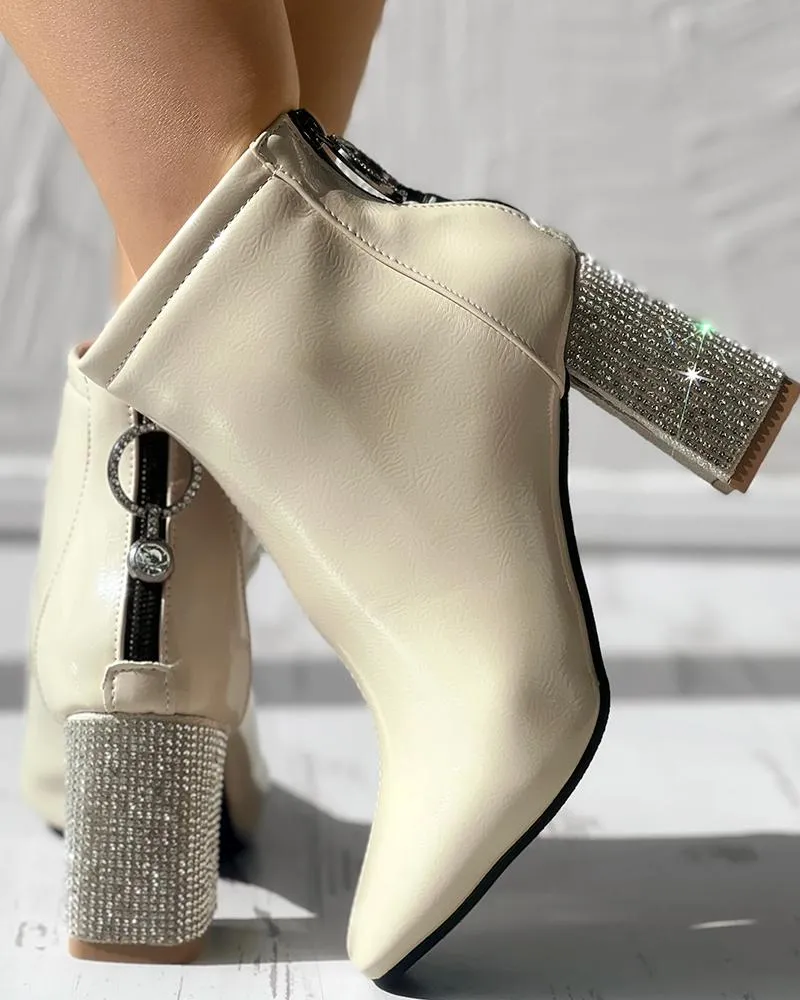 Zipper Design Rhinestone Chunky Heel Martin Boots