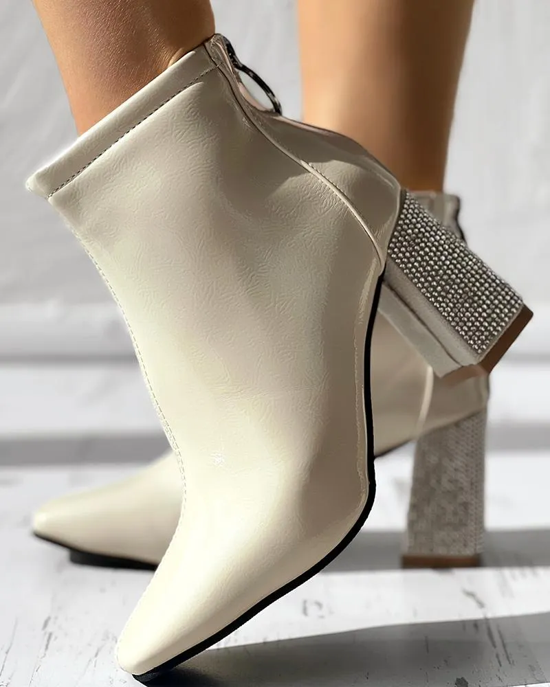 Zipper Design Rhinestone Chunky Heel Martin Boots