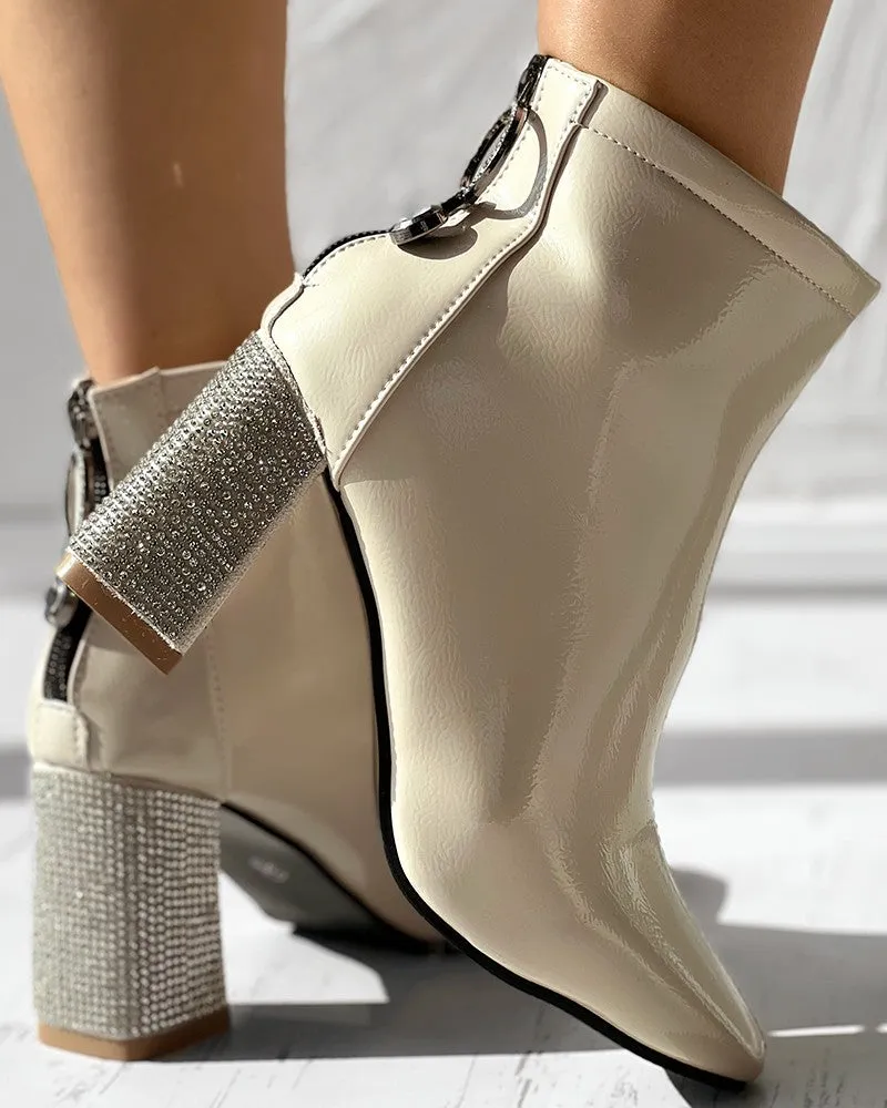 Zipper Design Rhinestone Chunky Heel Martin Boots