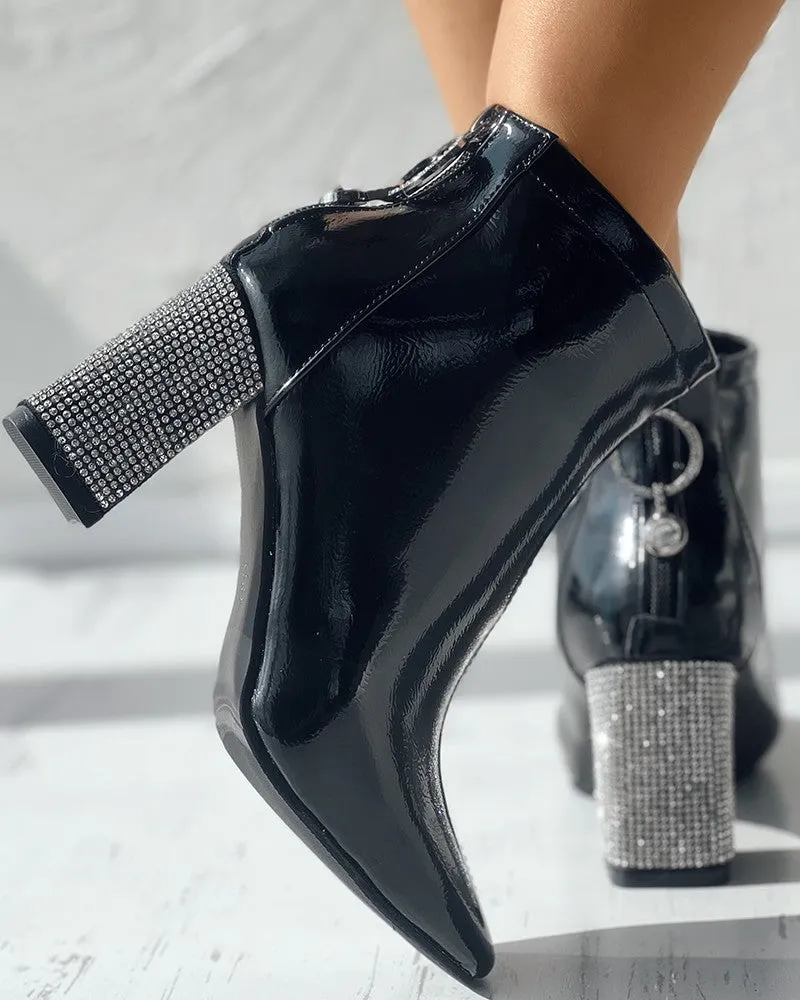 Zipper Design Rhinestone Chunky Heel Martin Boots