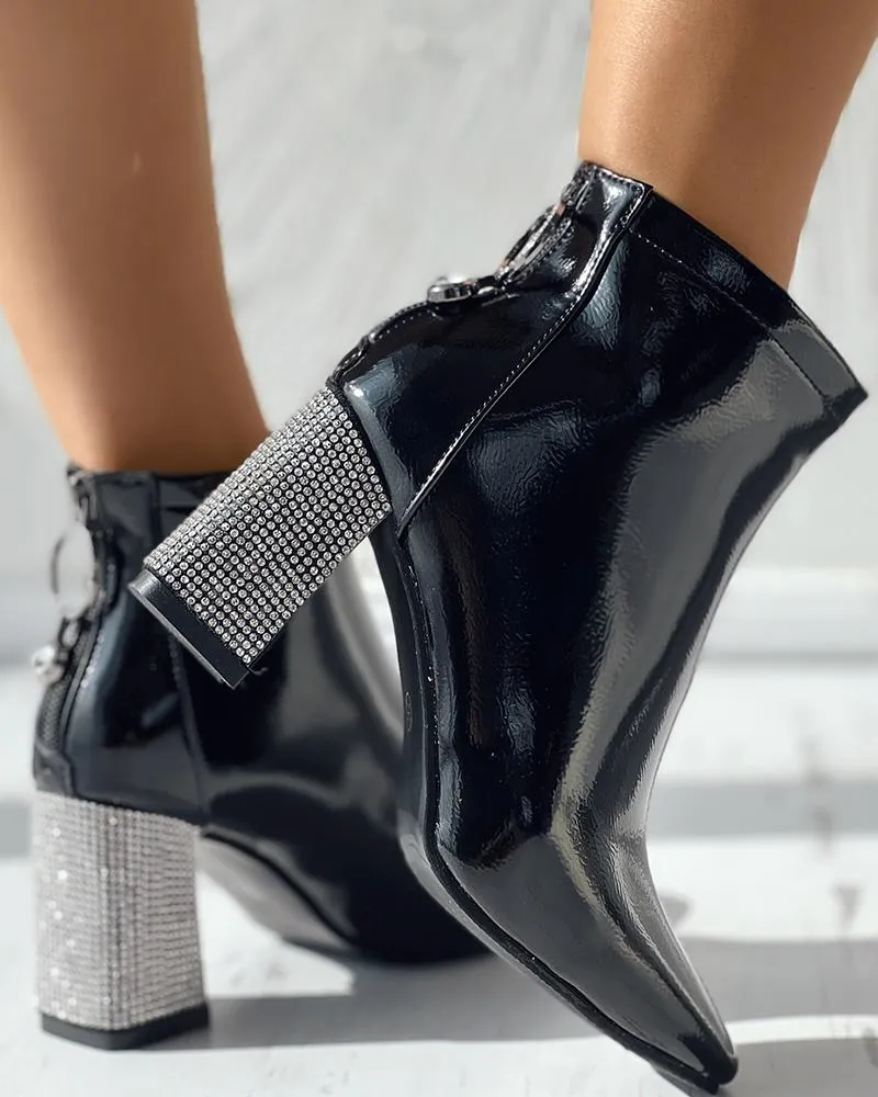 Zipper Design Rhinestone Chunky Heel Martin Boots