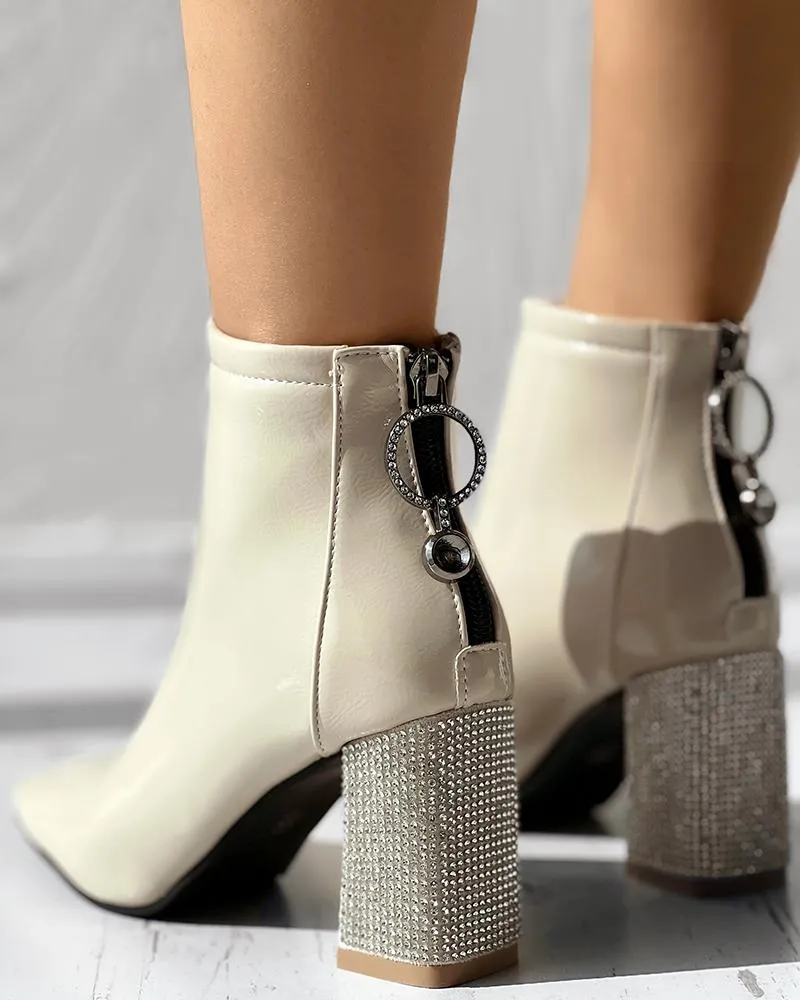 Zipper Design Rhinestone Chunky Heel Martin Boots