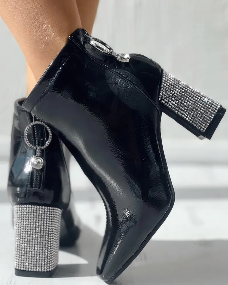 Zipper Design Rhinestone Chunky Heel Martin Boots